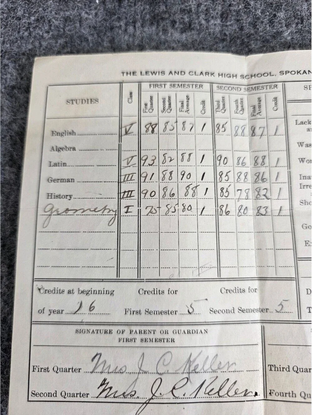 1917 Lewis and Clark High School Spokane WA Student Report Card